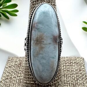 New Larimar Stone Vintage Style Silver Overlay Ring Size 8.25 - 8.5
